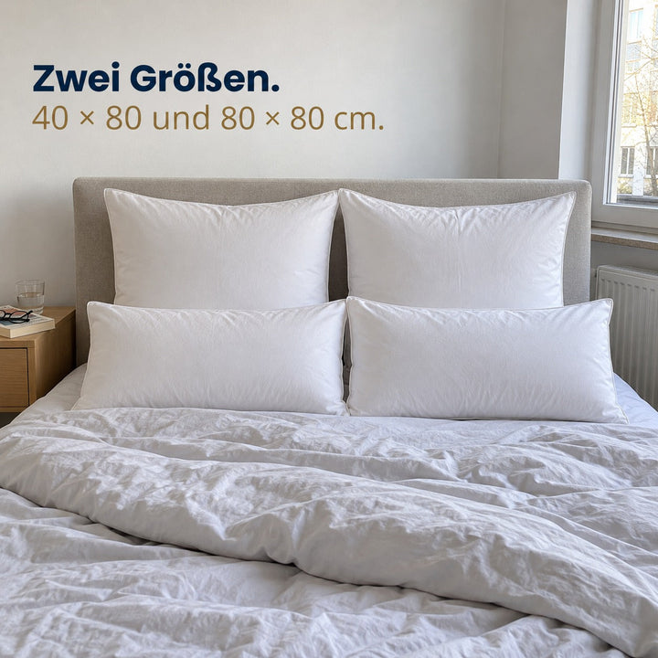 Bett mit Daunenkissen in 80 × 80 und 40 × 80 cm