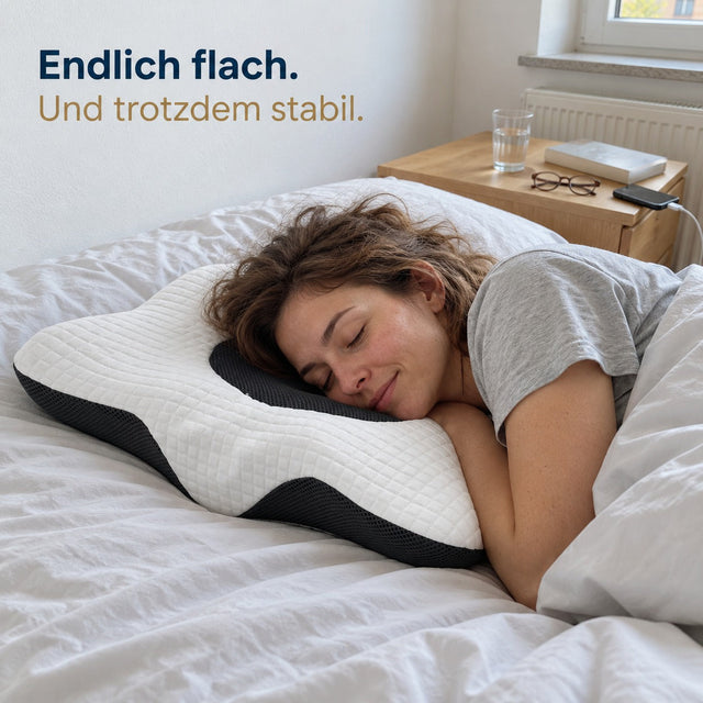 Frau schläft auf der Seite auf dem flachen Memory-Foam-Kissen