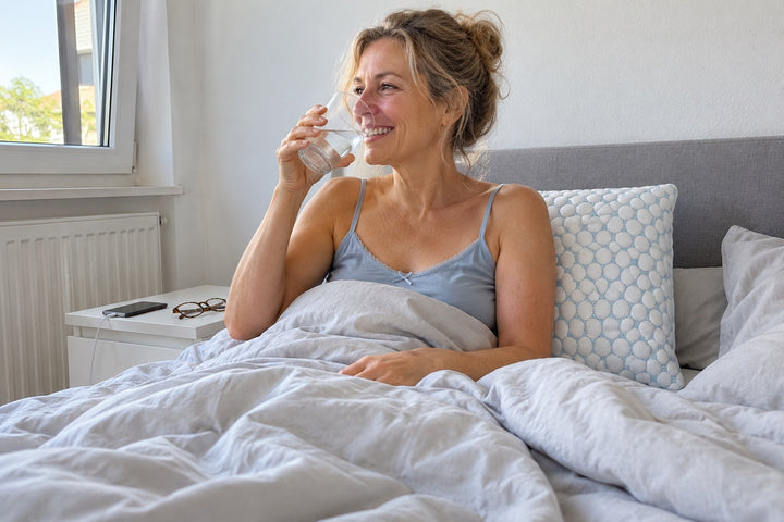 Frau sitzt morgens gut gelaunt im Bett und trinkt Wasser