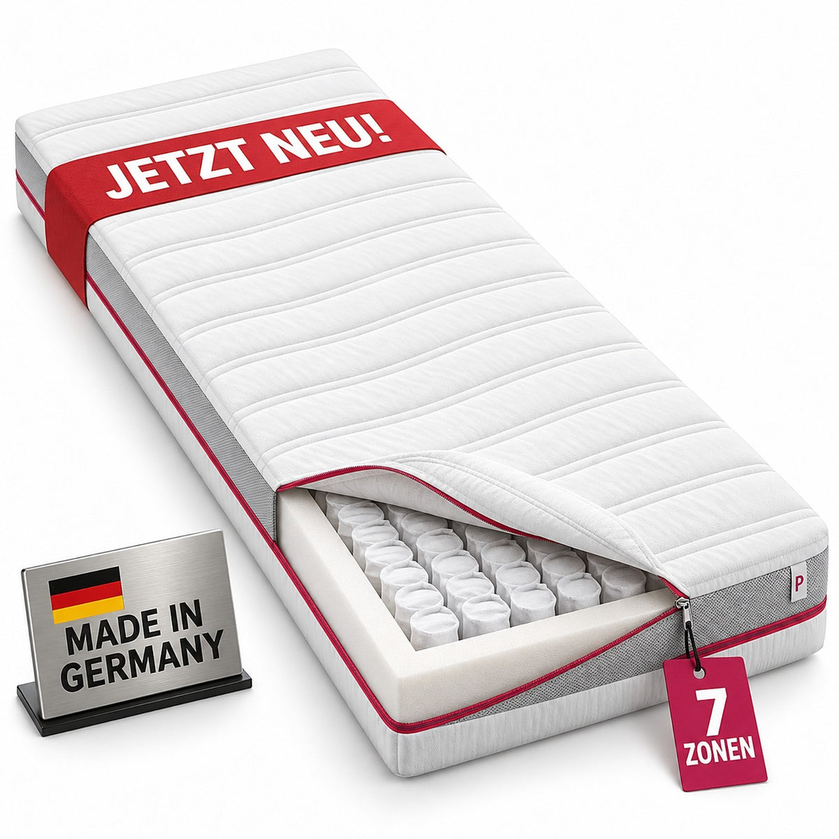 Taschenfederkern-Matratze 90 × 200 – H3 mittelfest · 7 Zonen · 20 cm · Made in Germany