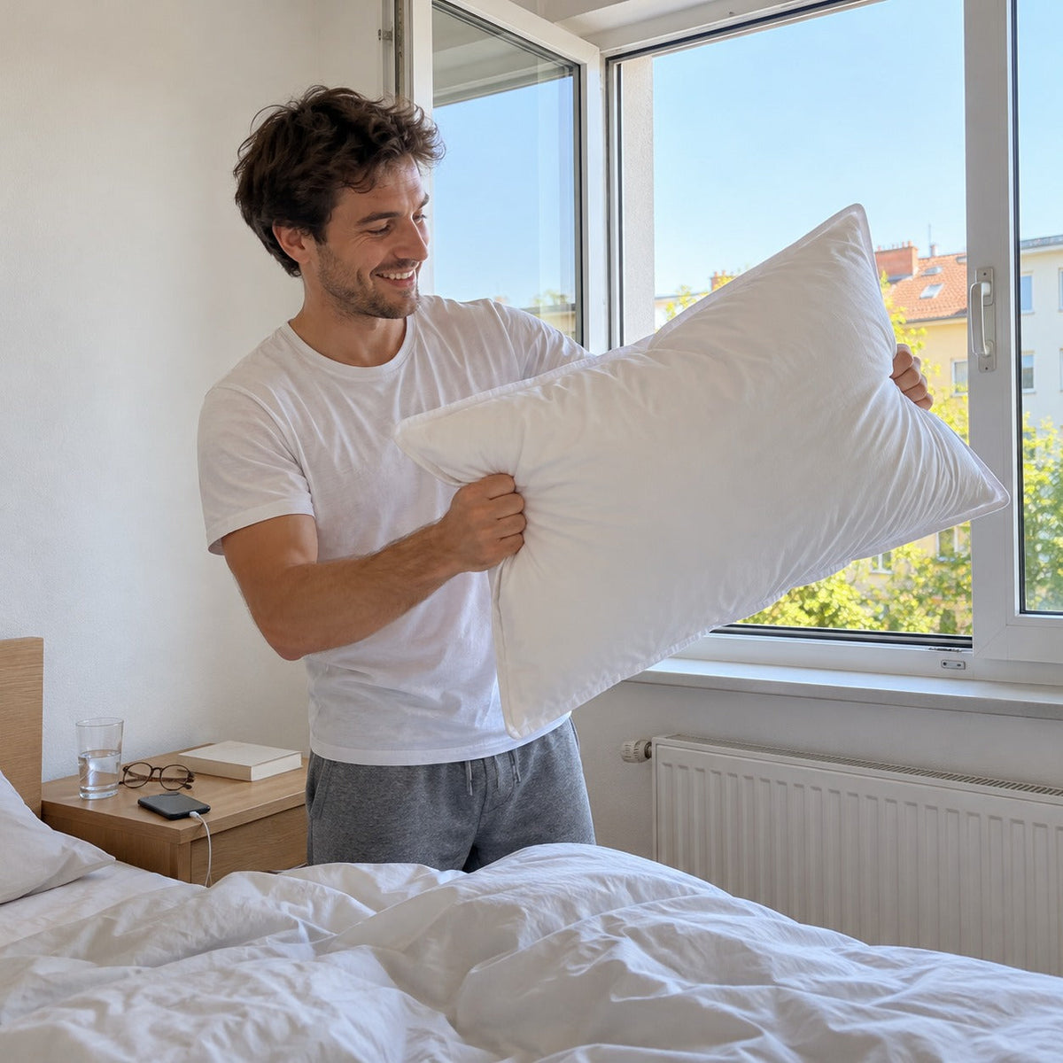 Mann schüttelt das Daunenkissen am offenen Fenster auf