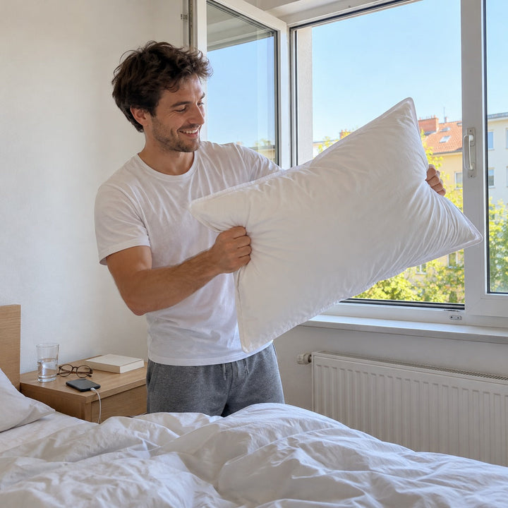 Mann schüttelt das Daunenkissen am offenen Fenster auf