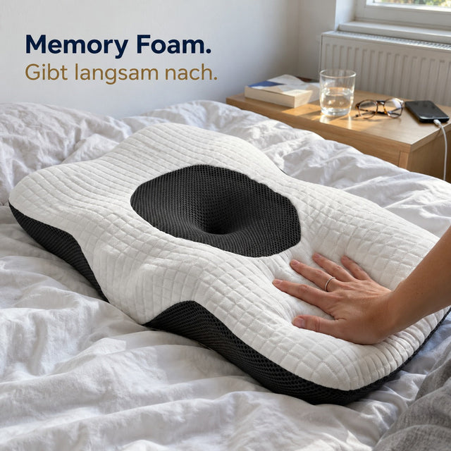 Hand drückt in den Memory Foam eines Kissens