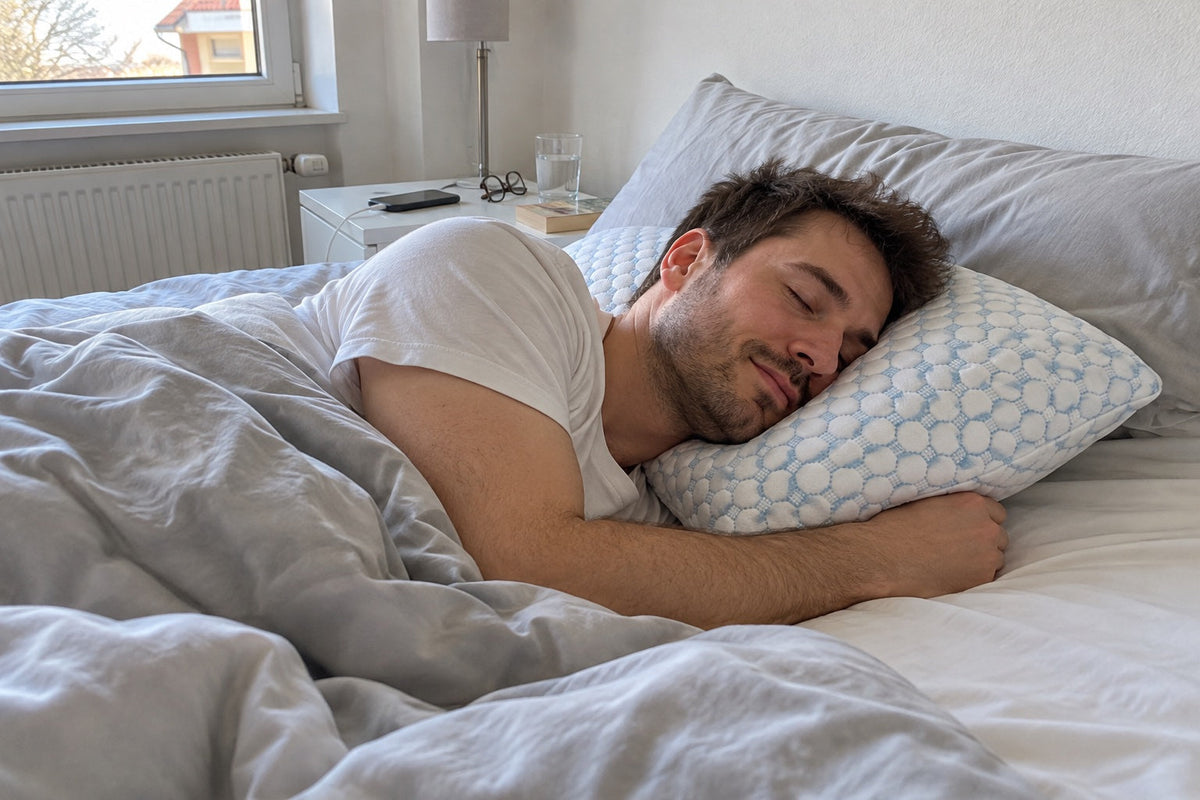 Mann schläft zufrieden in Seitenlage auf einem Kopfkissen 40 × 80