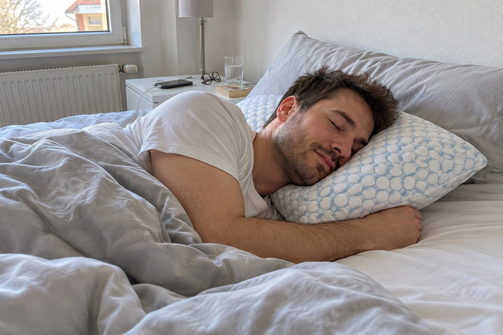 Mann schläft zufrieden in Seitenlage auf einem Kopfkissen 40 × 80