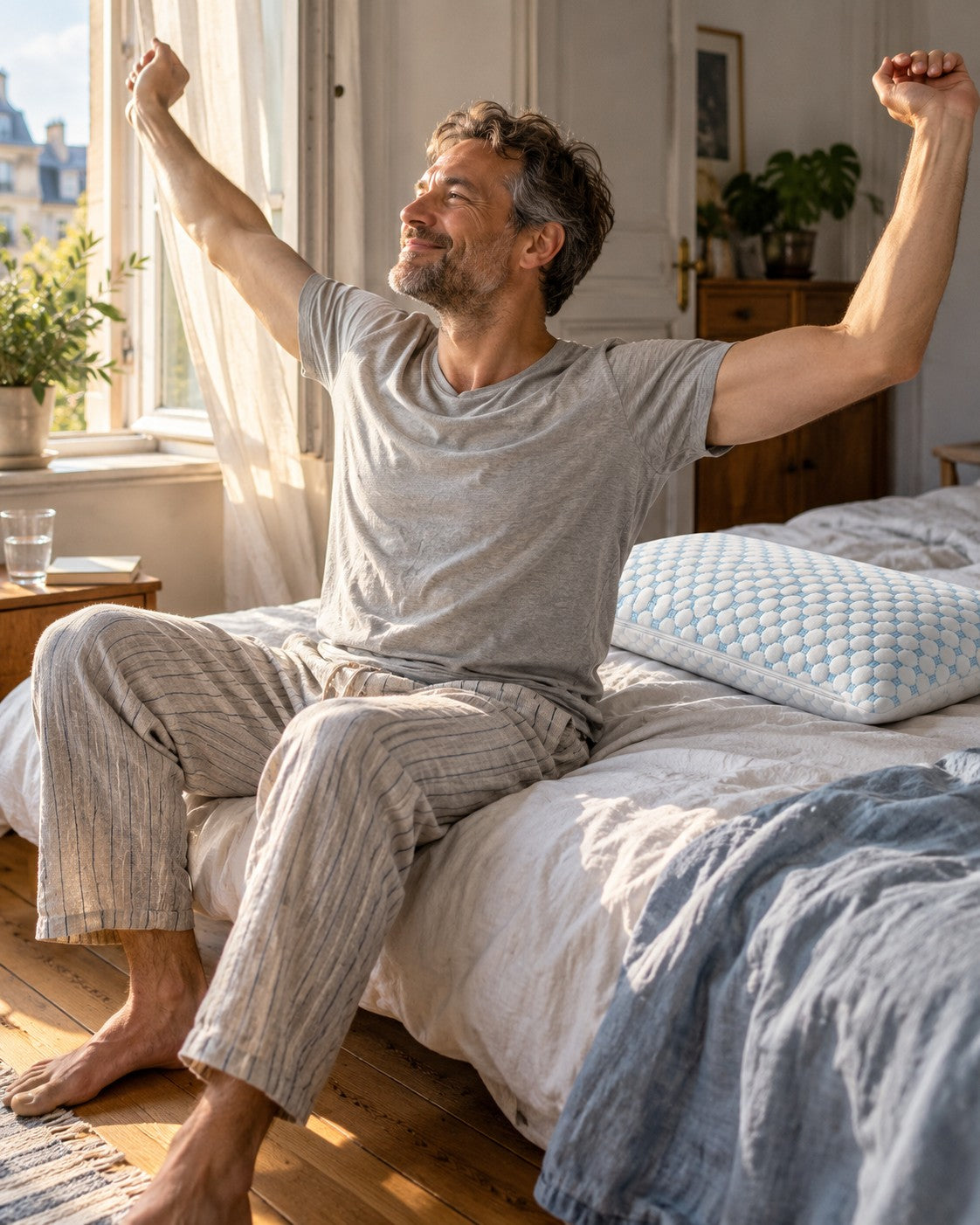 Mann streckt sich morgens ausgeschlafen im Bett
